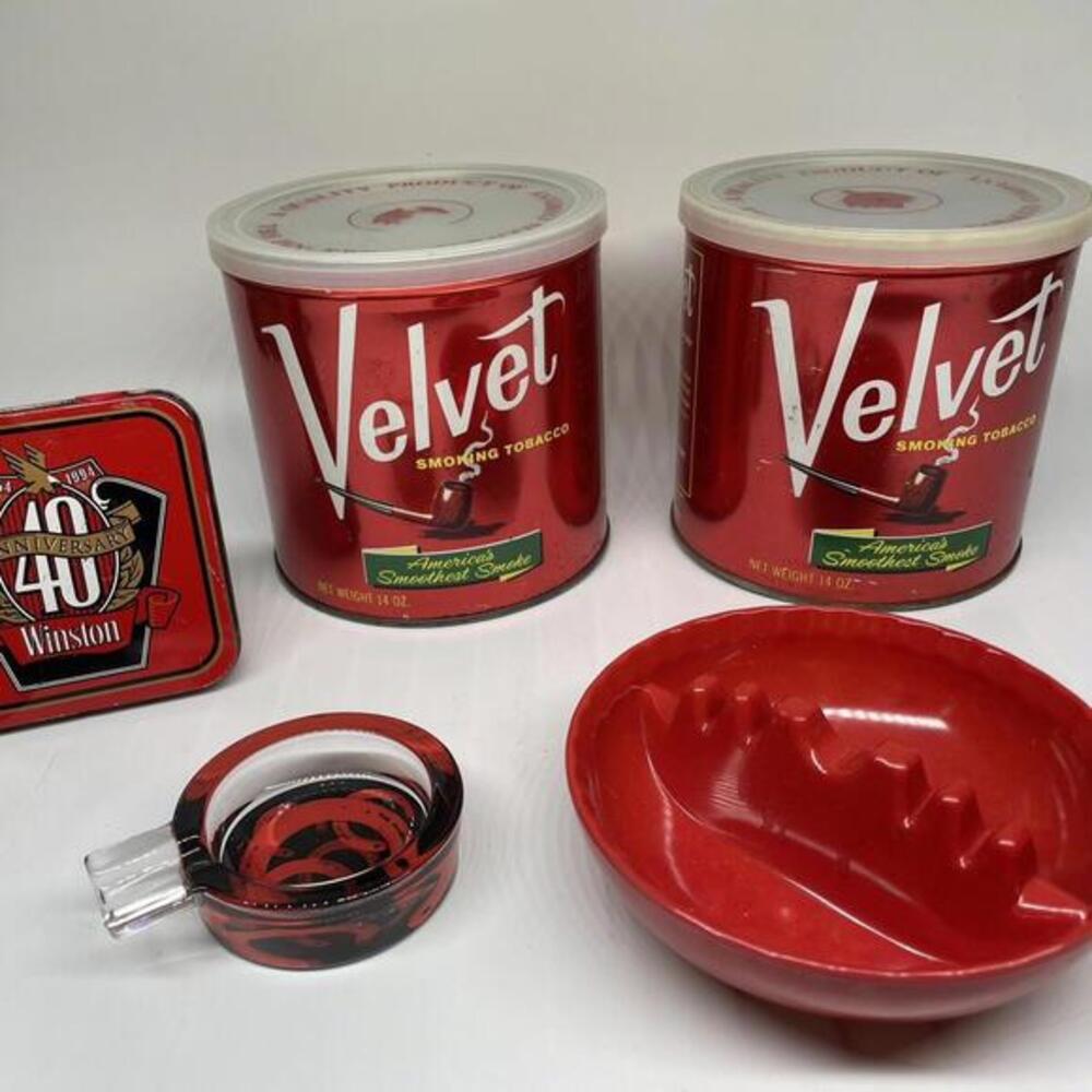 Vintage Smokers LOT 3 Tin Cans 2 Ashtrays‎ Velvet Marlboro Winston